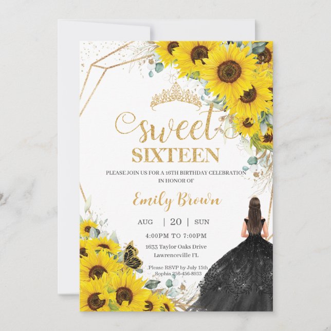 Sweet Sixteen Sunflower Floral Gold Black Dress Invitation (Front)