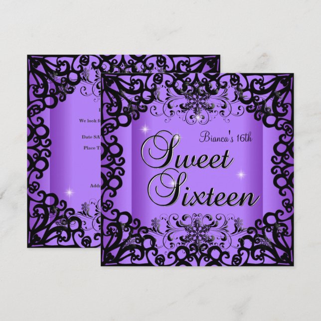 Sweet Sixteen Sweet 16 Birthday Black Purple Invitation (Front/Back)