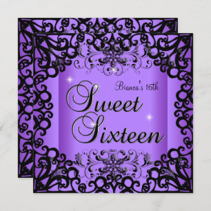 Sweet Sixteen Sweet 16 Birthday Black Purple Invitation