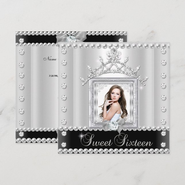 Sweet Sixteen Sweet 16 Birthday Party Black White Invitation (Front/Back)