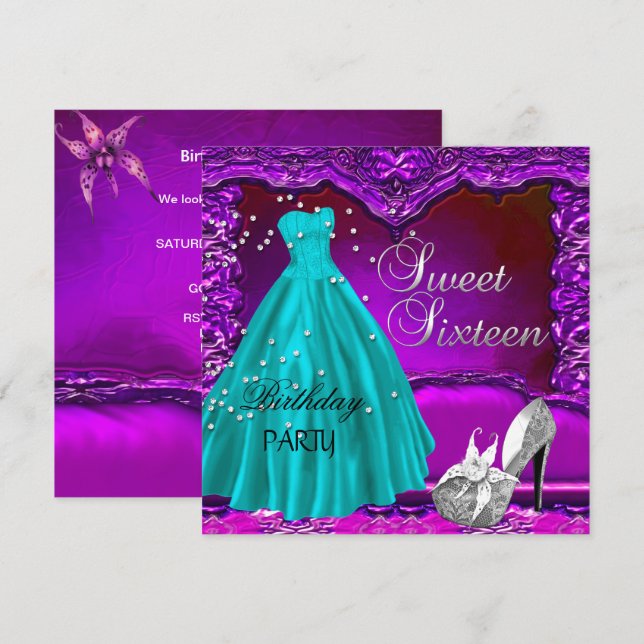 Sweet Sixteen Sweet 16 Birthday Purple Dress Gown Invitation (Front/Back)