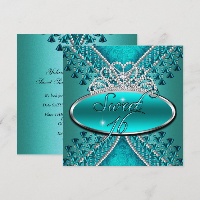 Sweet Sixteen Sweet 16 Birthday Teal Blue Tiara Invitation (Front/Back)