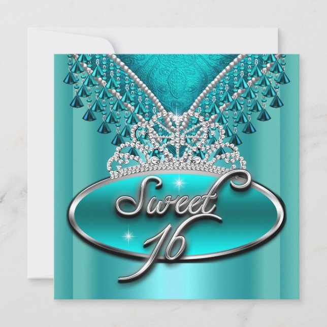 Sweet Sixteen Sweet 16 Birthday Teal Blue Tiara Invitation (Front)