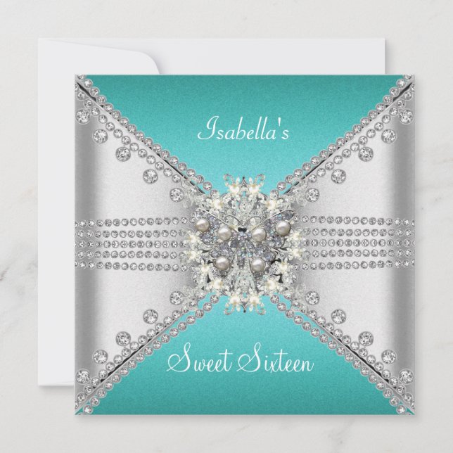Sweet Sixteen Sweet 16 Butterfly Blue Teal Silver Invitation (Front)