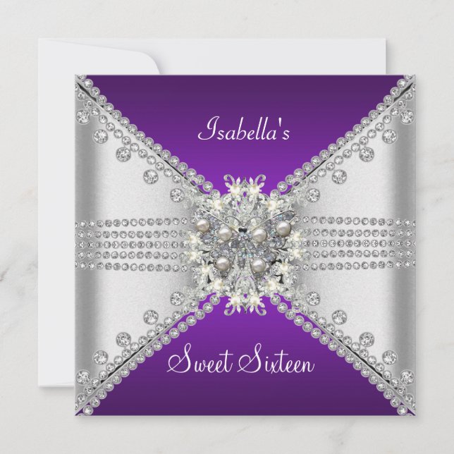 Sweet Sixteen Sweet 16 Butterfly Purple Silver Invitation (Front)
