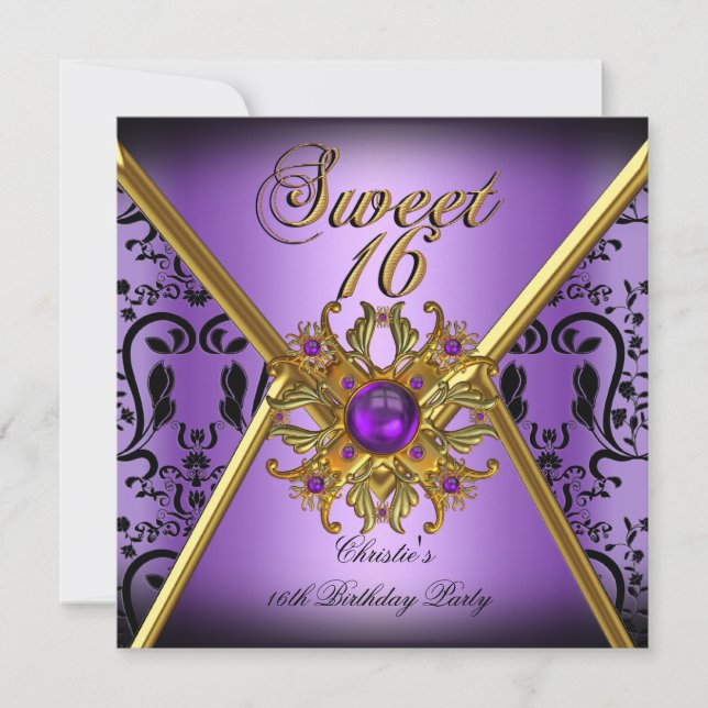 Sweet Sixteen Sweet 16 Damask Purple Gold Black Invitation (Front)