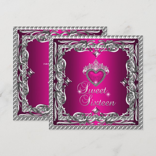 Sweet Sixteen Sweet 16 Glitter Pink Silver Tiara Invitation (Front/Back)
