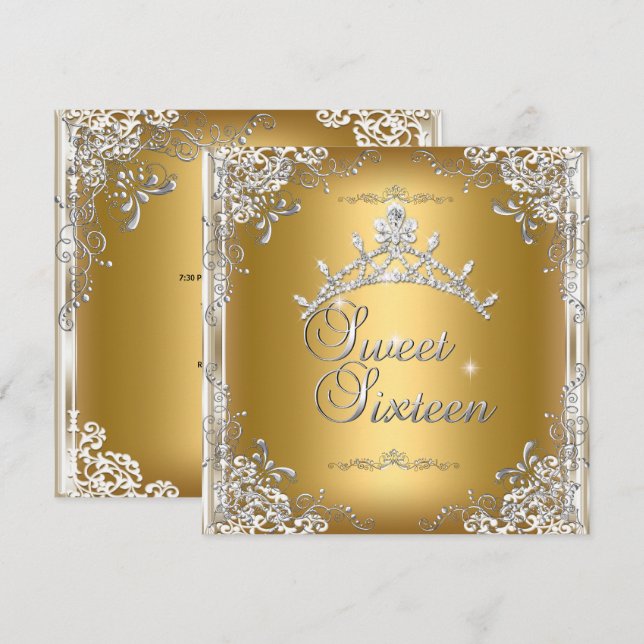 Sweet Sixteen Sweet 16 Gold White Silver Tiara Invitation (Front/Back)