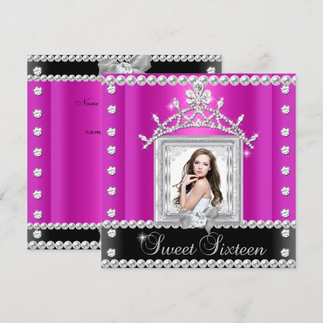 Sweet Sixteen Sweet 16 Hot Pink Black White Invitation (Front/Back)
