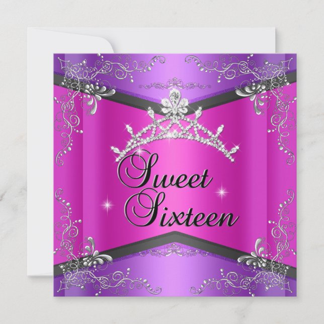 Sweet Sixteen Sweet 16 Hot Pink Purple Tiara Invitation (Front)