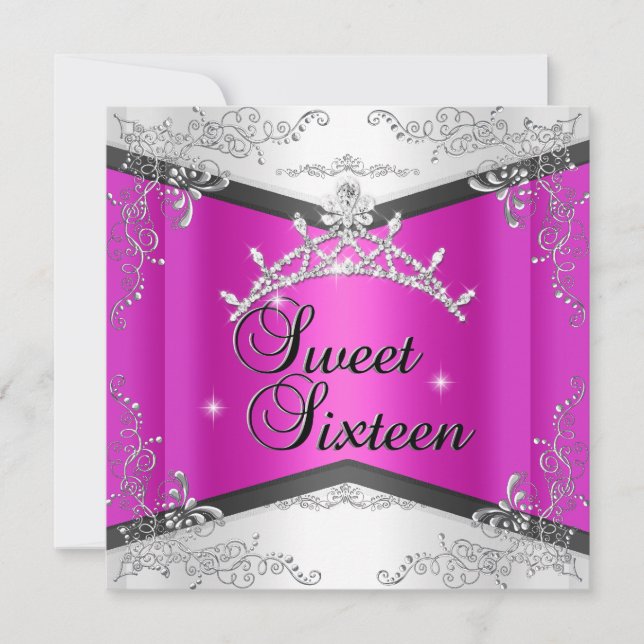 Sweet Sixteen Sweet 16 Hot Pink White Black Tiara Invitation (Front)
