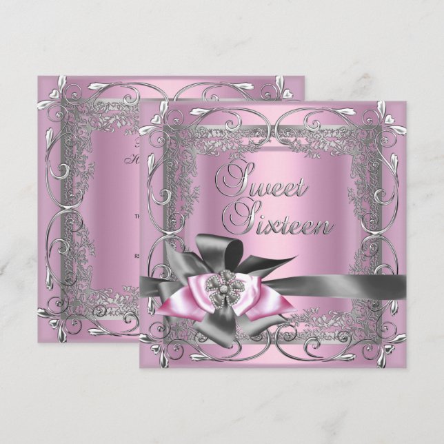 Sweet Sixteen Sweet 16 Light Pink Silver Grey Bow Invitation (Front/Back)