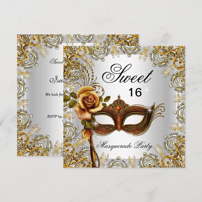 Sweet Sixteen Sweet 16 Masquerade Gold 2 Invitation (Front/Back)