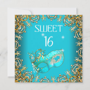Sweet Sixteen Sweet 16 Masquerade Gold Teal Invitation