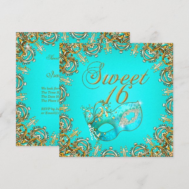 Sweet Sixteen Sweet 16 Masquerade Gold Teal Invitation (Front/Back)