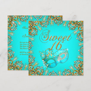 Sweet Sixteen Sweet 16 Masquerade Gold Teal Invitation