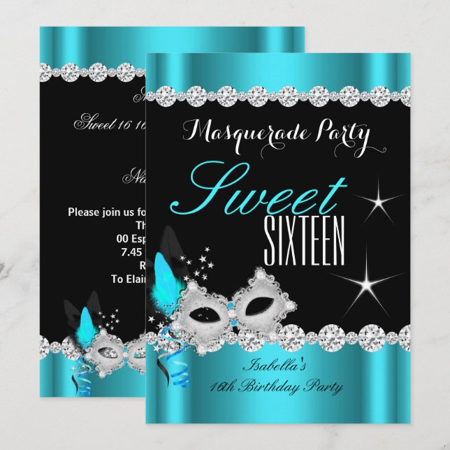 Sweet Sixteen Sweet 16 Masquerade Teal Mask 2 Invitation (Front/Back)