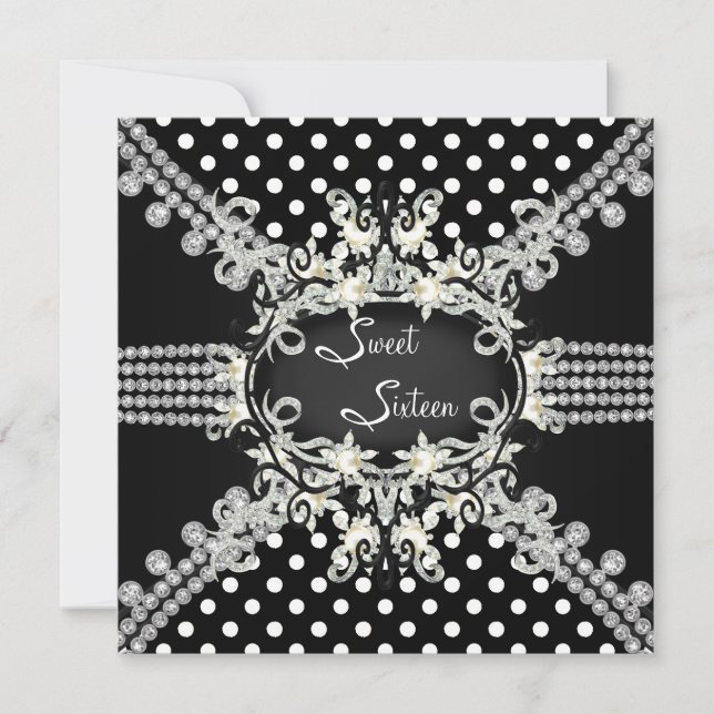 Sweet Sixteen Sweet 16 Pearl White Black Spots Invitation (Front)