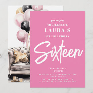 Sweet sixteen, sweet 16, pink, birthday party invitation