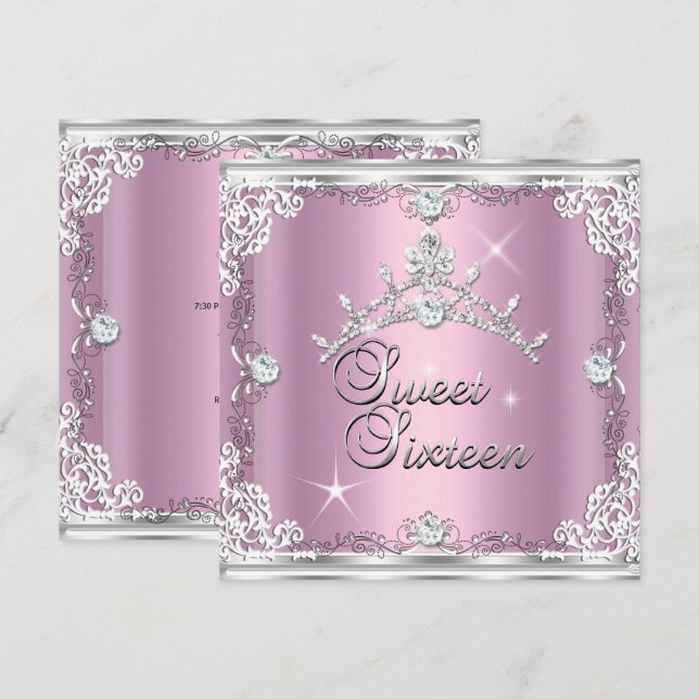 Sweet Sixteen Sweet 16 Pink Silver Diamond Tiara Invitation (Front/Back)