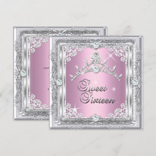 Sweet Sixteen Sweet 16 Pink Silver Diamond Tiara Invitation