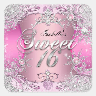 Sweet Sixteen Sweet 16 Pink snowflake Tiara 2 Square Sticker