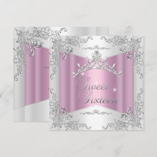 Sweet Sixteen Sweet 16 Pink White Silver Tiara Invitation (Front/Back)
