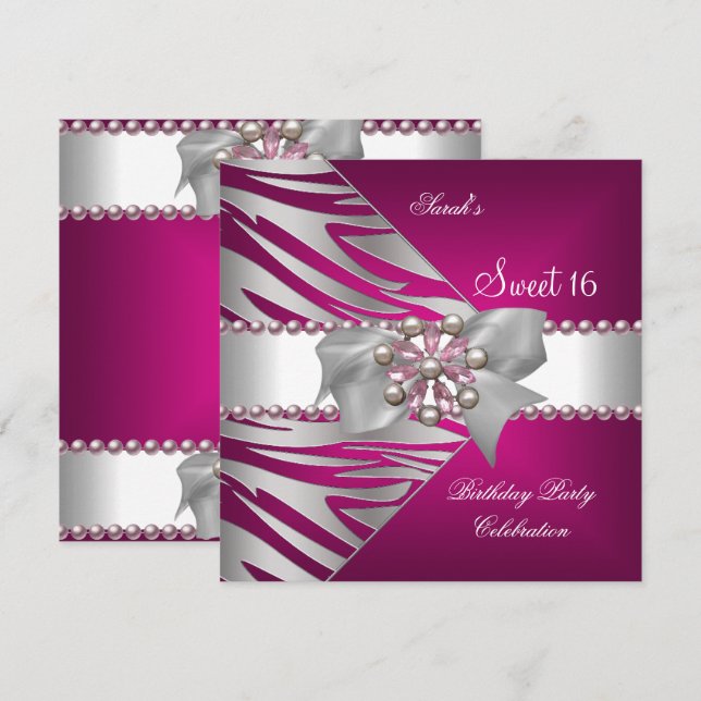 Sweet Sixteen Sweet 16 Pink Zebra White Pink Pearl Invitation (Front/Back)