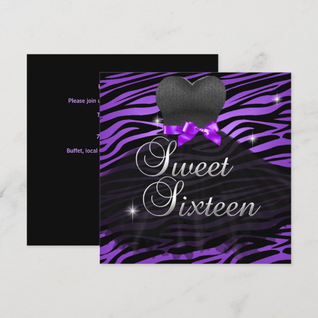 Sweet Sixteen Sweet 16 Purple Black Zebra Dress Invitation (Front/Back)