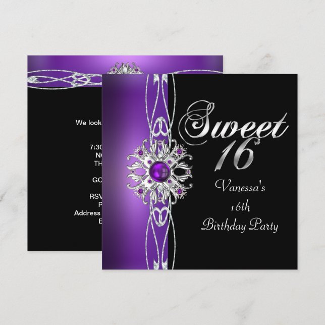 Sweet Sixteen Sweet 16 Purple Silver Black Invitation (Front/Back)