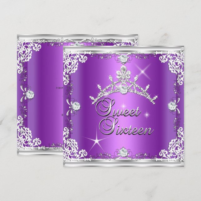 Sweet Sixteen Sweet 16 Purple Silver Diamond Tiara Invitation (Front/Back)