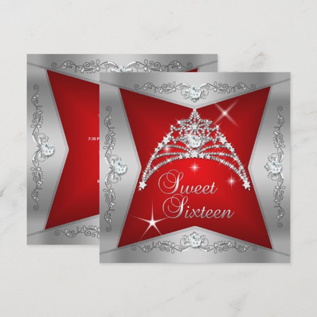 Sweet Sixteen Sweet 16 Red Silver Tiara Invitation (Front/Back)