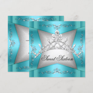 Sweet Sixteen Sweet 16 Teal Blue Silver Tiara Invitation