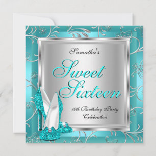 Sweet Sixteen Sweet 16 Teal Blue Silver White Invitation
