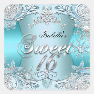 Sweet Sixteen Sweet 16 Teal snowflake Silver 2 Square Sticker