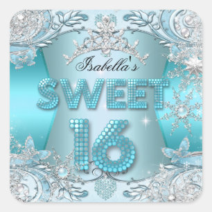 Sweet Sixteen Sweet 16 Teal snowflake Silver Tiara Square Sticker
