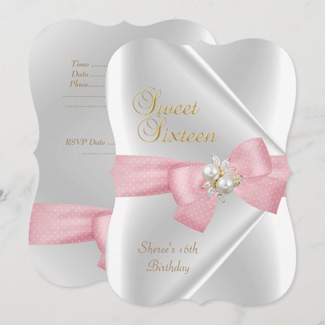 Sweet Sixteen Sweet 16 White Pearl Jewel Pink Bow Invitation (Front/Back)