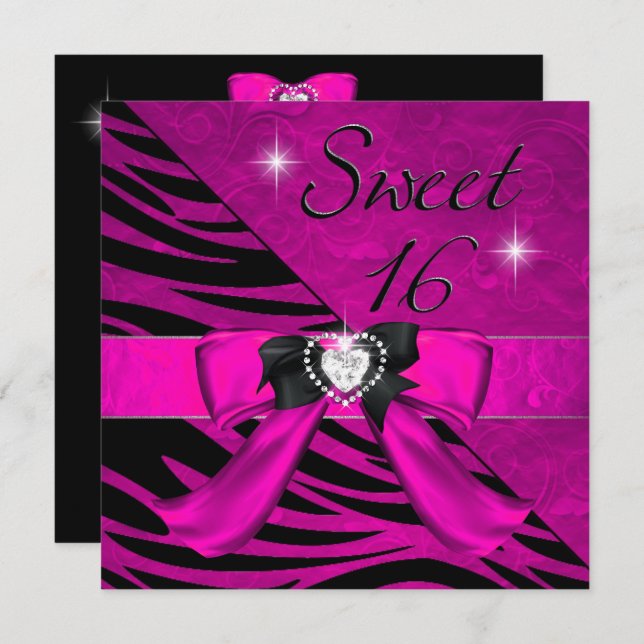 Sweet Sixteen Sweet 16 Zebra Hot Pink Black Invitation (Front/Back)