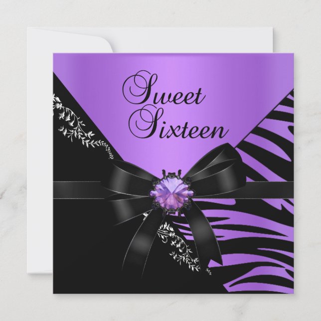 Sweet Sixteen Sweet 16 Zebra Purple Black Jewel Invitation (Front)