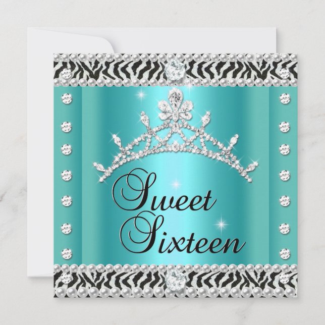 Sweet Sixteen Sweet 16 Zebra Teal Black White Invitation (Front)