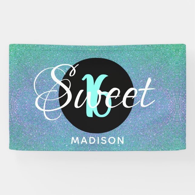 Sweet Sixteen Teal Aqua Glitter Personalised Banner (Horizontal)