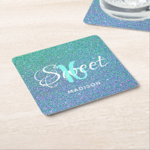 Sweet Sixteen Teal Blue Elegant Personalised Square Paper Coaster