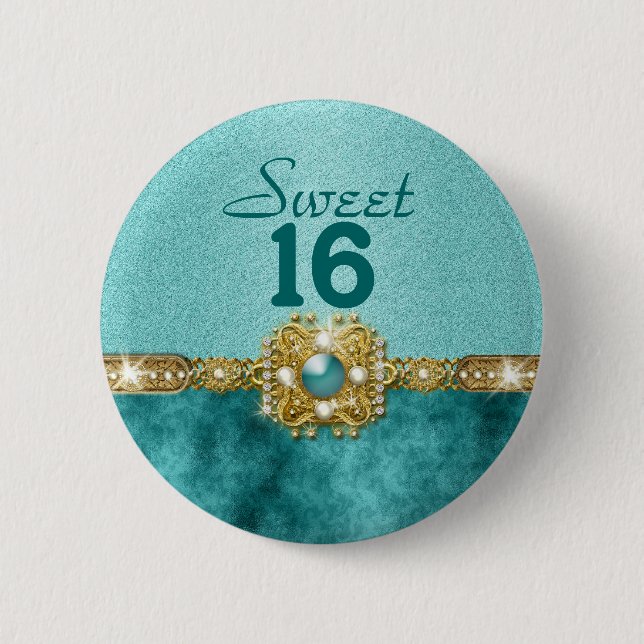 "sweet sixteen" teal gold 16 birthday 6 cm round badge (Front)