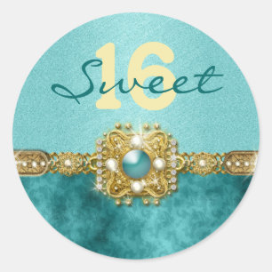 "sweet sixteen" teal gold 16 birthday classic round sticker