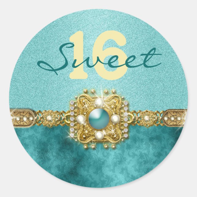 "sweet sixteen" teal gold 16 birthday classic round sticker (Front)