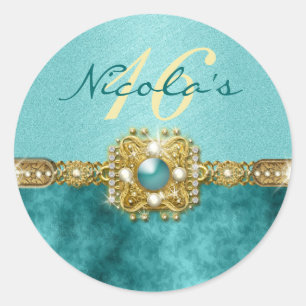 "sweet sixteen" teal gold 16 birthday classic round sticker