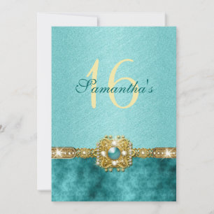 "sweet sixteen" teal gold 16 birthday invitation