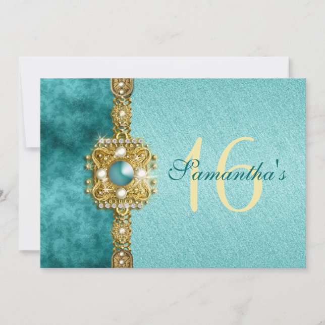 "sweet sixteen" teal gold 16 birthday invitation (Front)