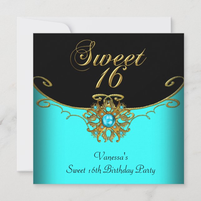Sweet Sixteen Teal Gold Black Sweet 16 Invitation (Front)