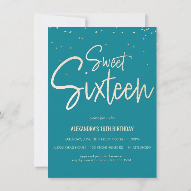 Sweet Sixteen Teal & Gold Party Invitation (Front)